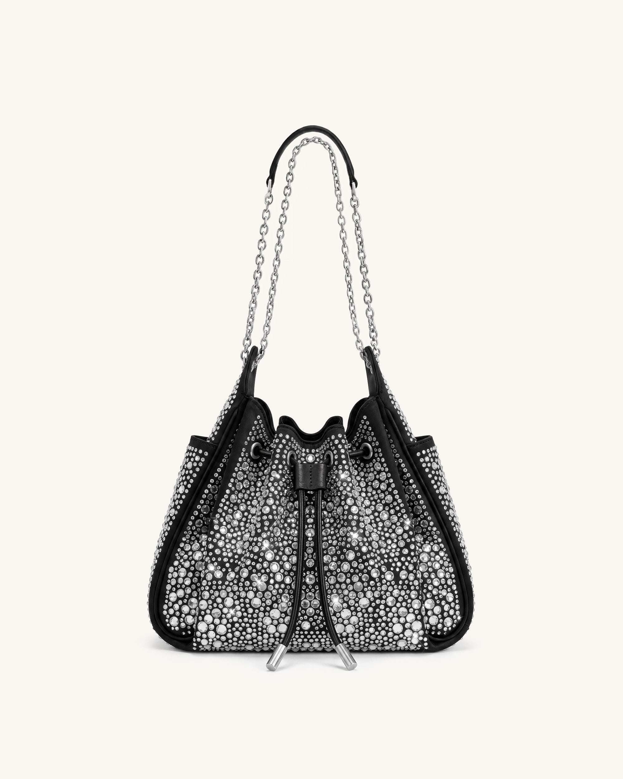 Rowan Small Artificial Crystal Chain Bucket Bag - Black & Silver