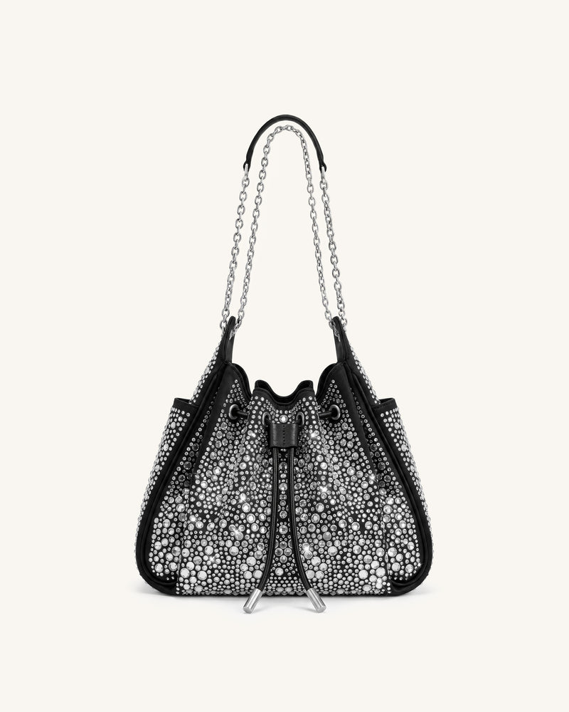 Rowan Small Artificial Crystal Chain Bucket Bag - Black & Silver
