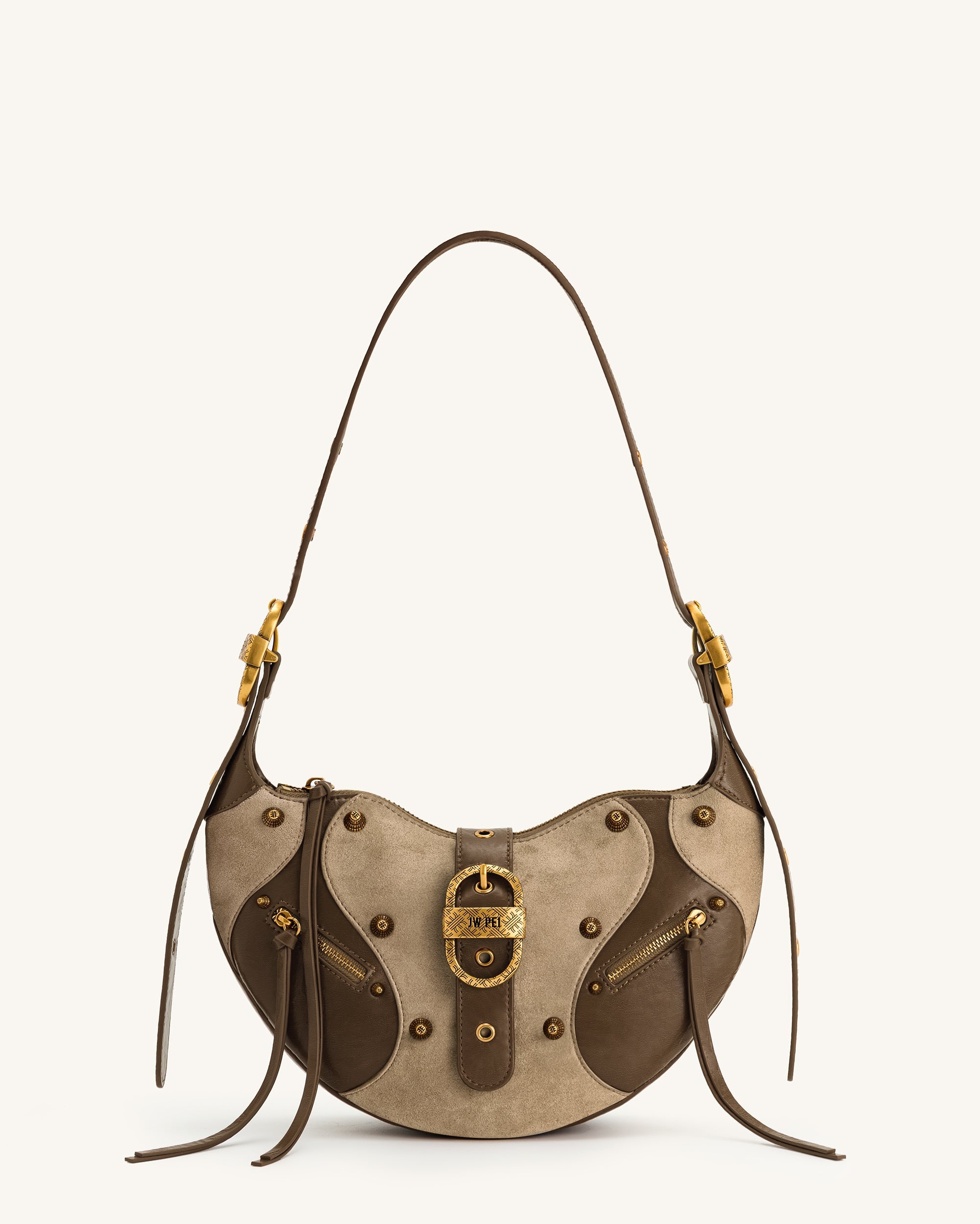 Tessa Faux Suede Studded Shoulder Bag - Brown Contrast