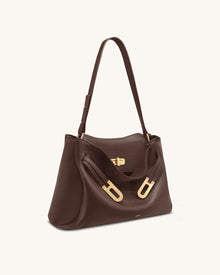 Rhea Pebbled Double Buckle Shoulder Bag - Dark Brown