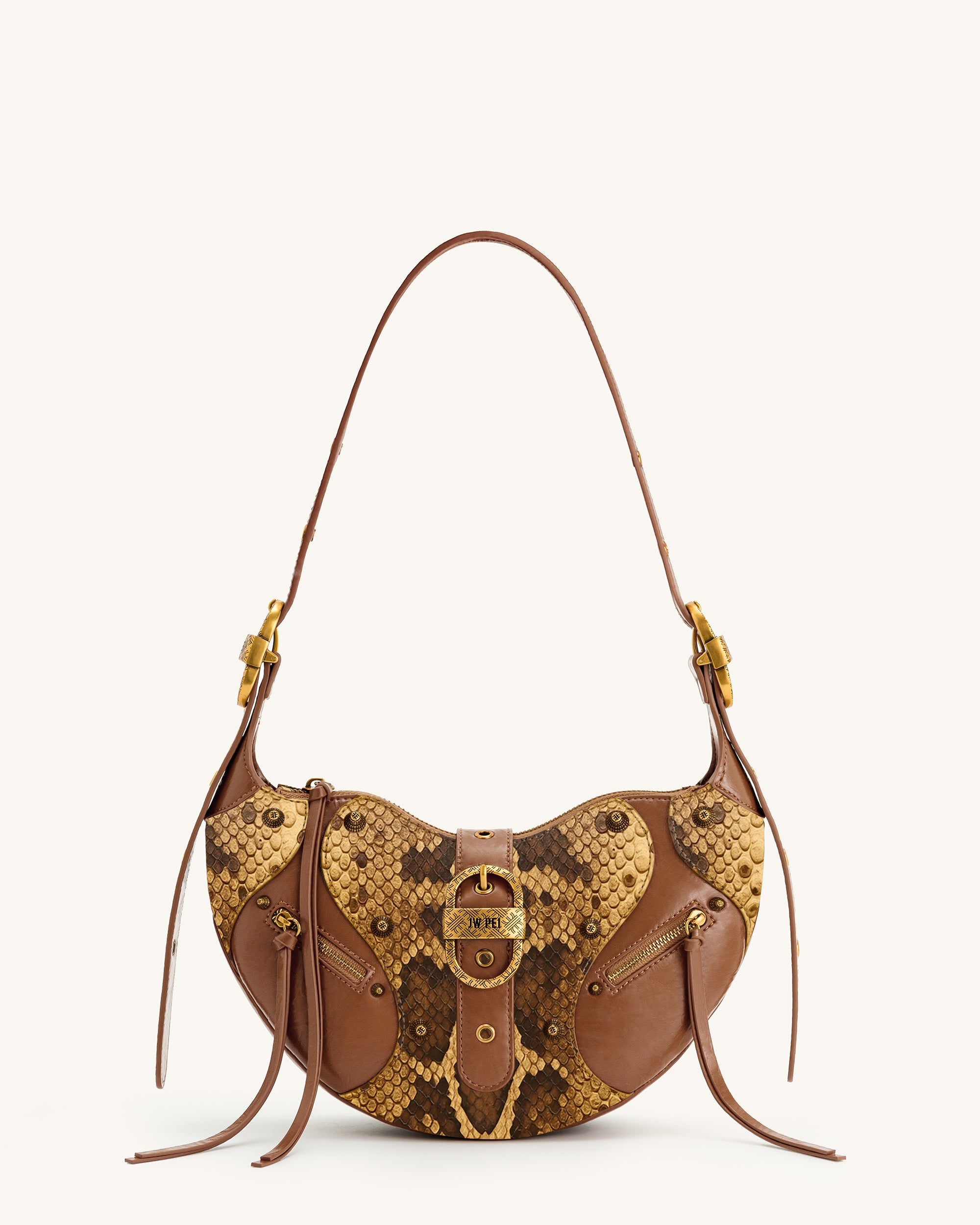 Tessa Faux Snakeskin Studded Shoulder Bag - Brown