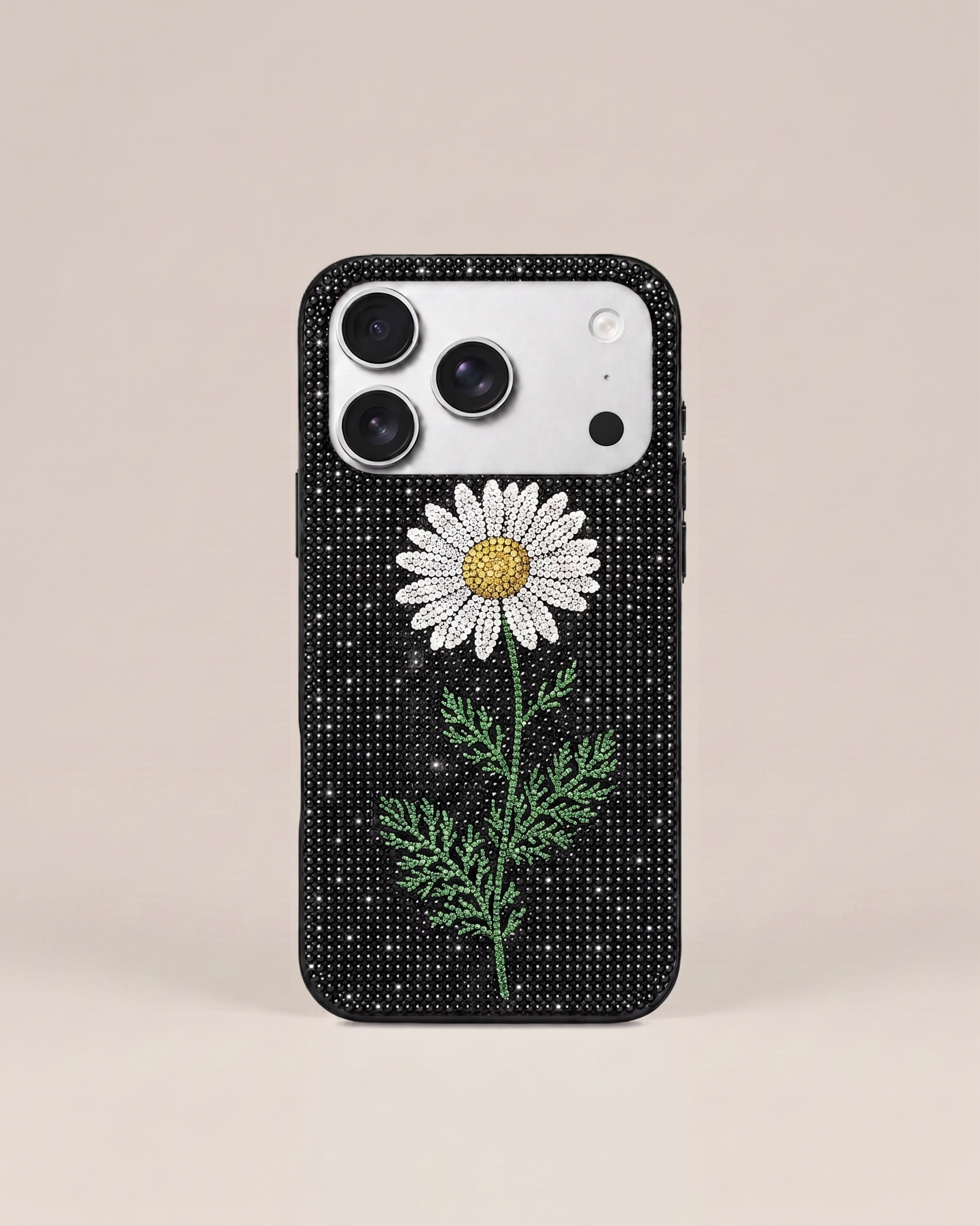 White Daisy Artificial Crystal Phone Case - Black