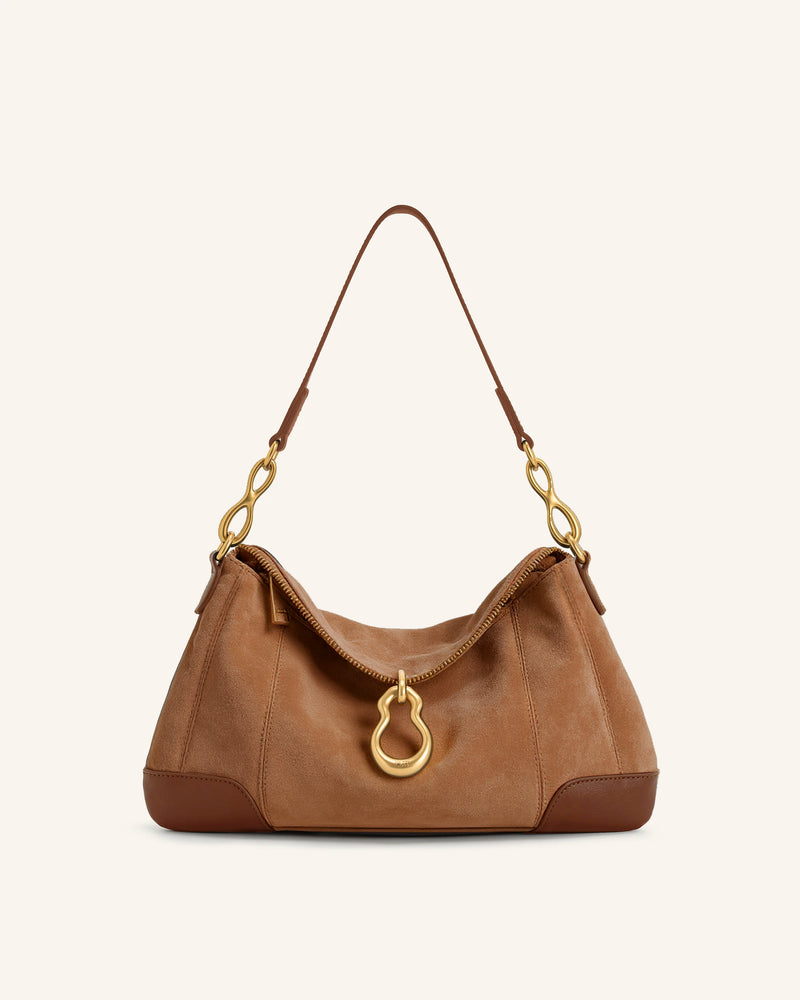 Jayla Faux Suede Metal Pendant Embellished Shoulder Bag - Brown