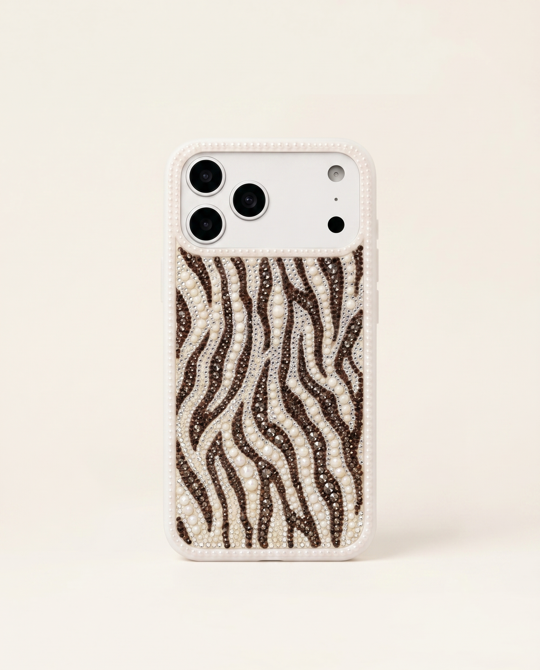 Pearl Zebra Stripe Artificial Crystal Phone Case – White