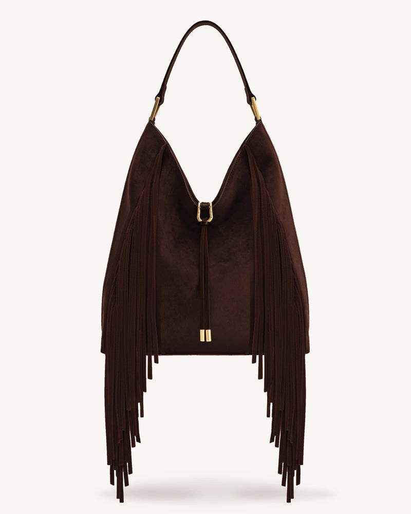 Aria Faux Suede Fringe Shoulder Bag - Dark Brown