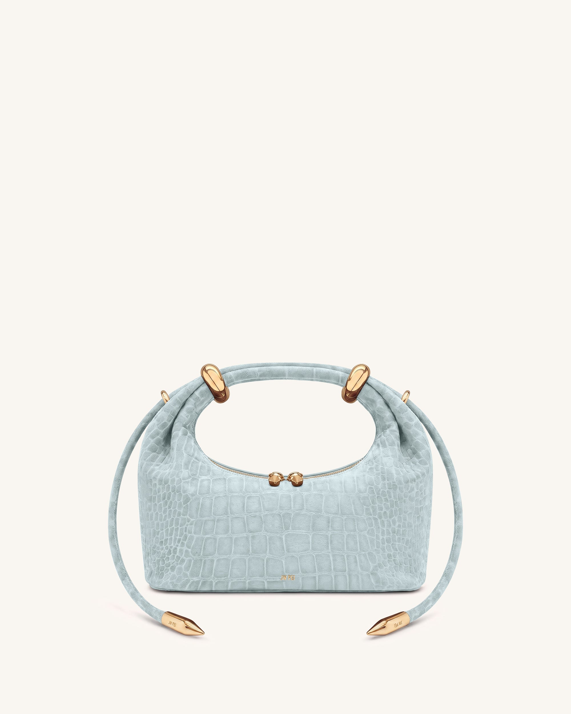 Ellie Faux Suede Metal Ring Embellished Top Handle Bag - Blue Croc