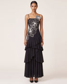 Orchid Embroidered Ruffled One-Shoulder Maxi Dress - Black & White