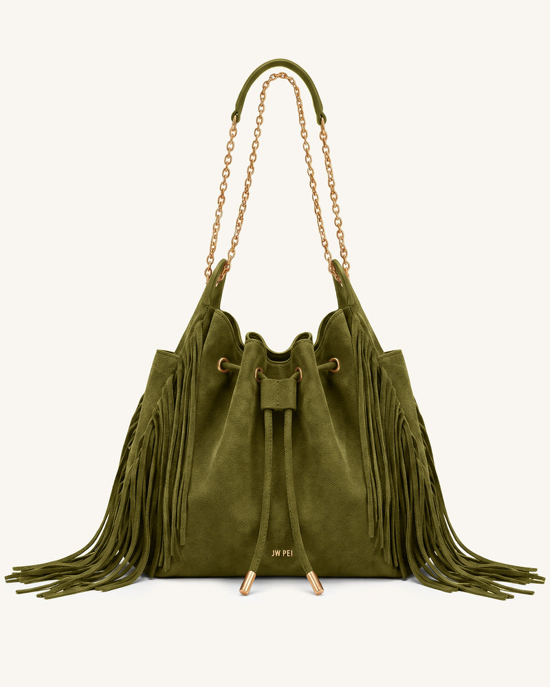 Rowan Faux Suede Tassel Ruched Drawstring Chain Bucket Bag - Grass Green