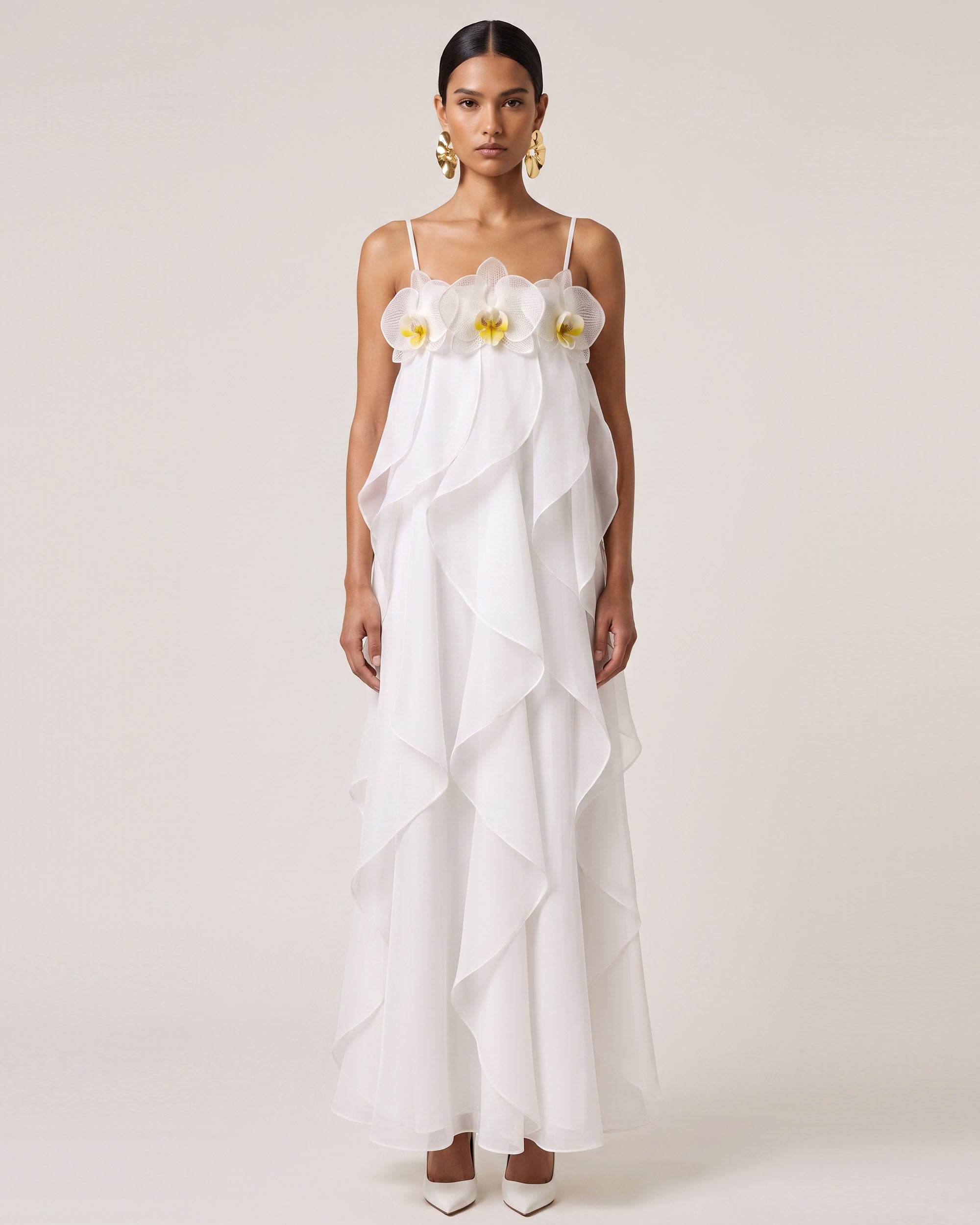 Orchid Embroidered Organza Maxi Dress - White