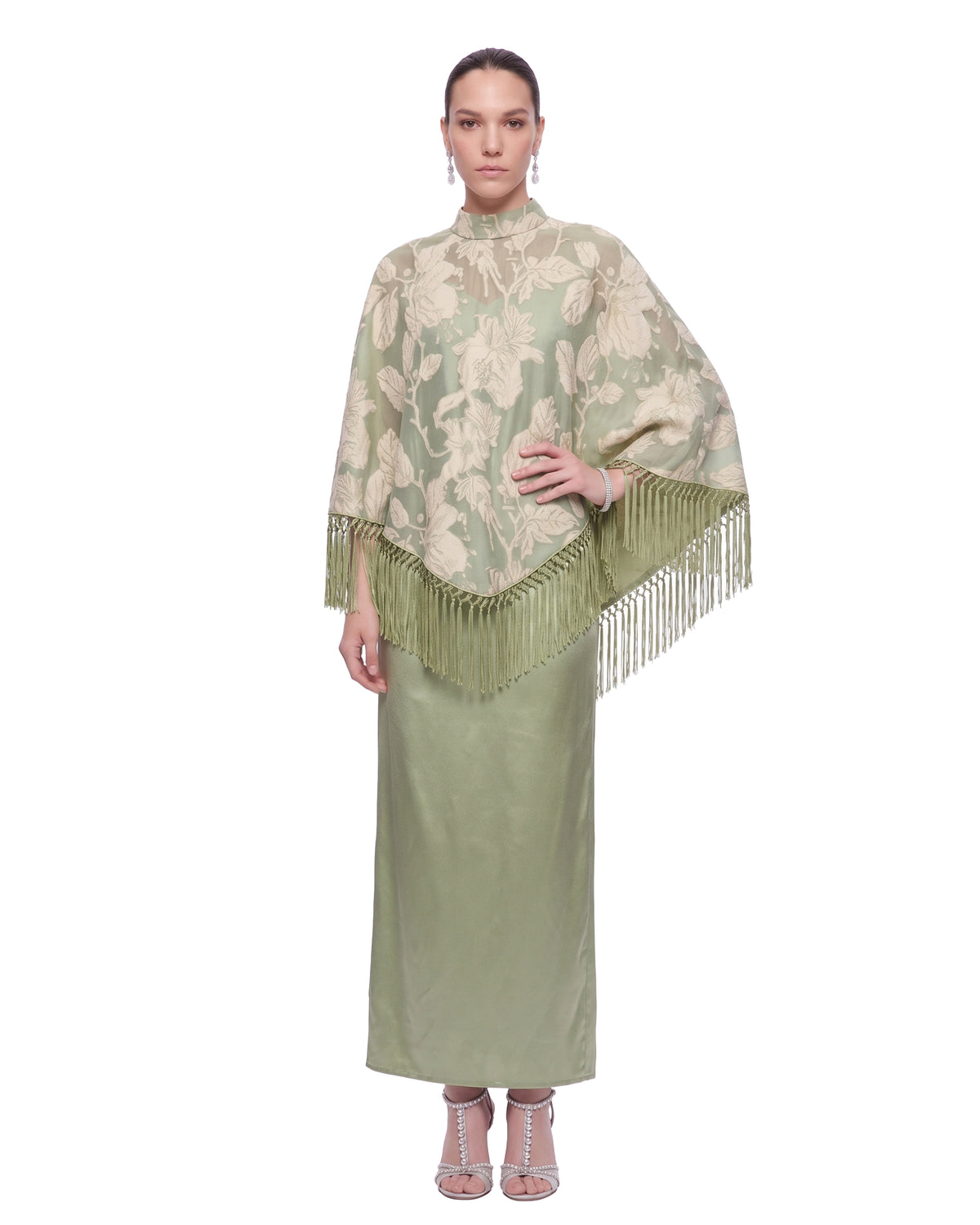 Floral Fringe Cape Maxi Dress - Sage Green