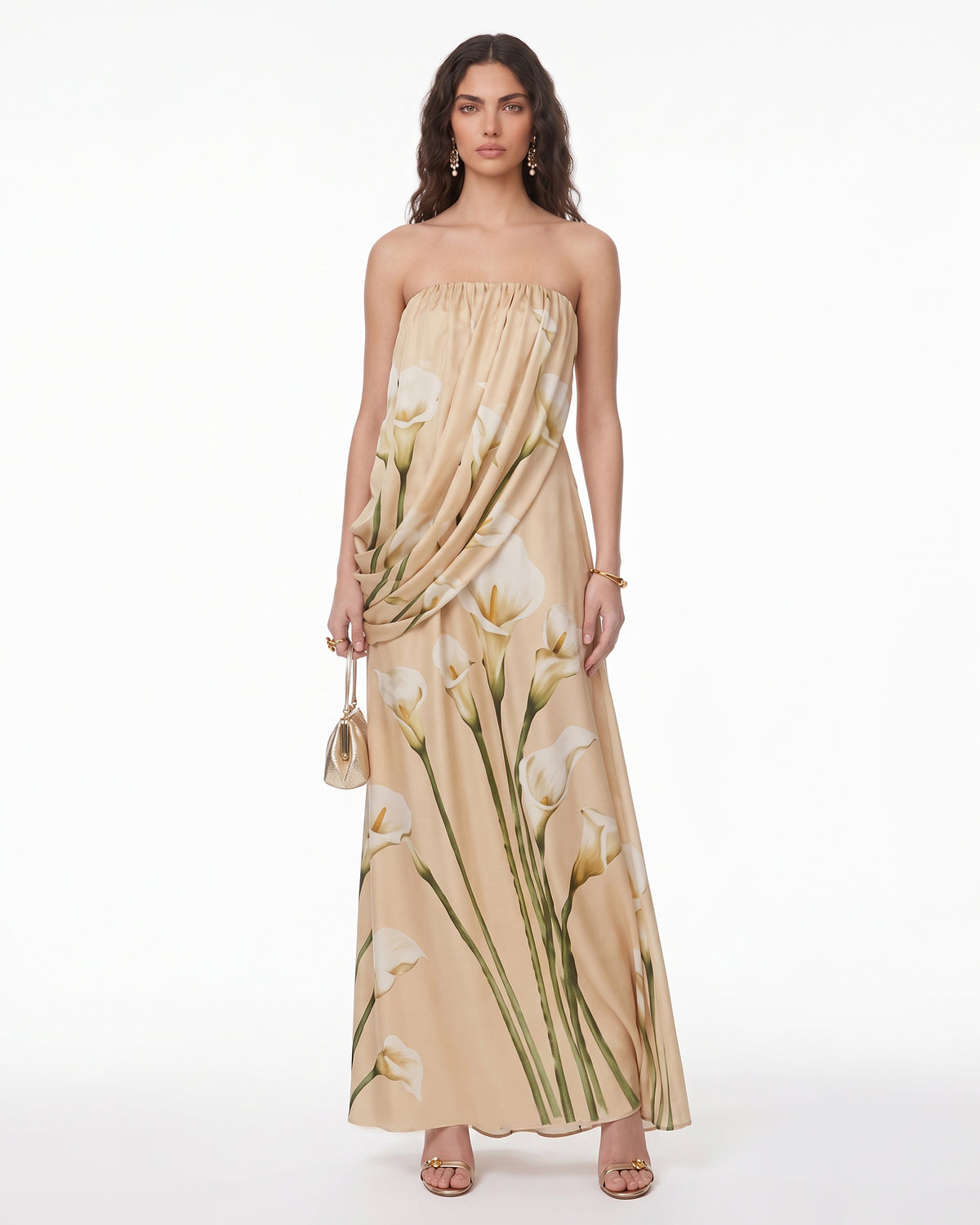 Calla Lily Draped Strapless Maxi Dress - Champagne