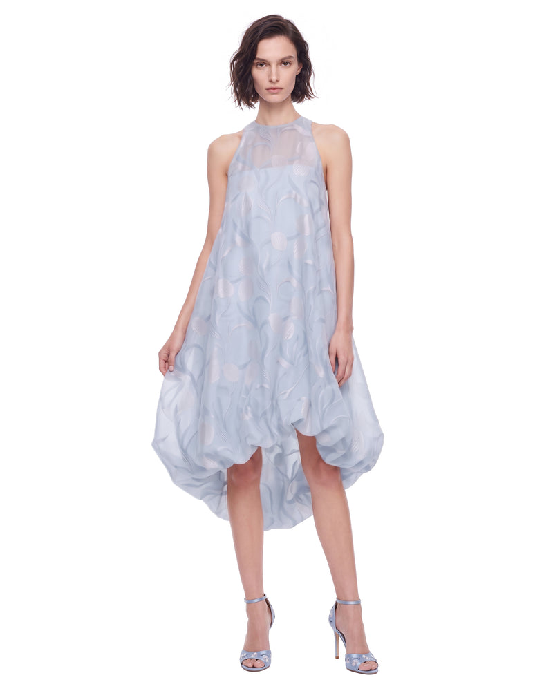 Floral Jacquard Halter Bubble-Hem Midi Dress - Light Blue