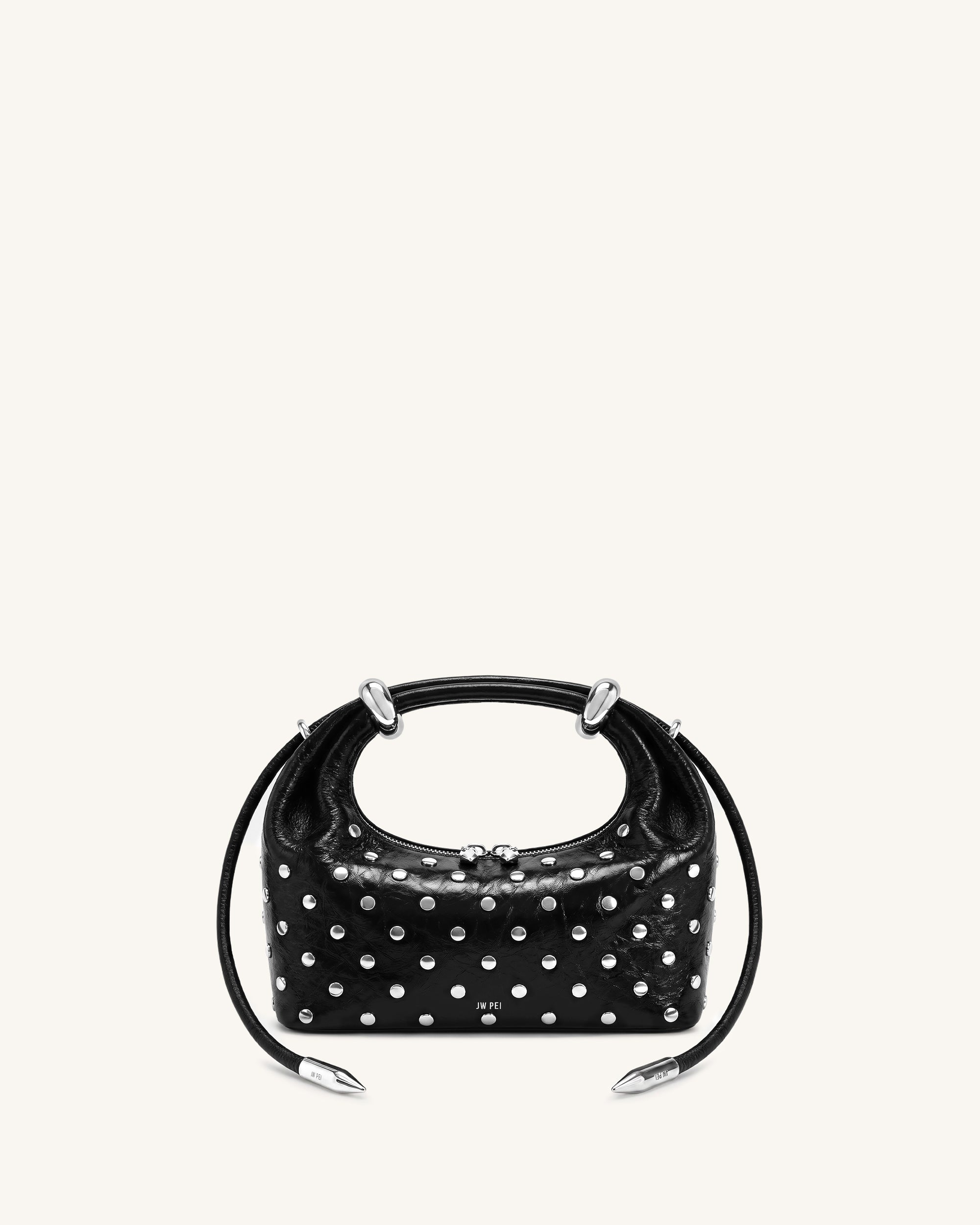 Ellie Studded Metal Ring Embellished Top Handle Bag - Obsidian Black