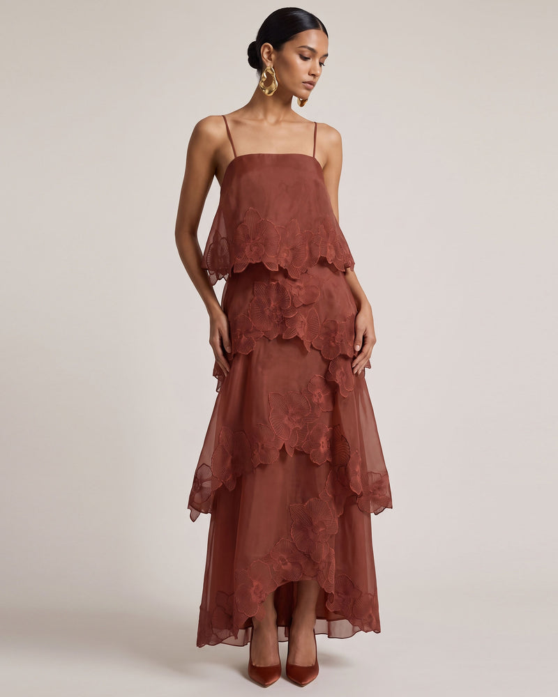 Orchid Embroidered Layered Maxi Dress - Reddish Brown