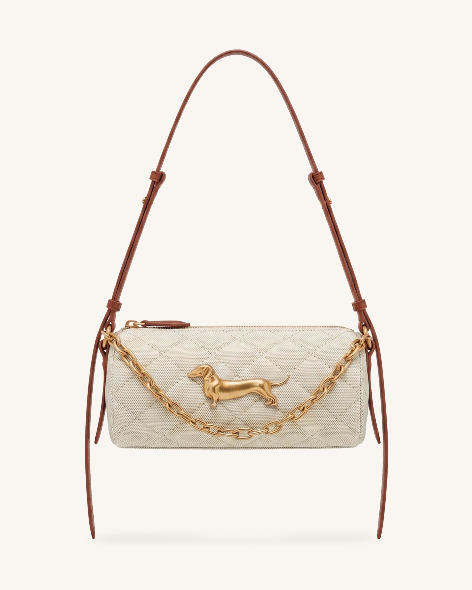Lucienne Dachshund Quilted Chain Shoulder Bag - Brown Canvas