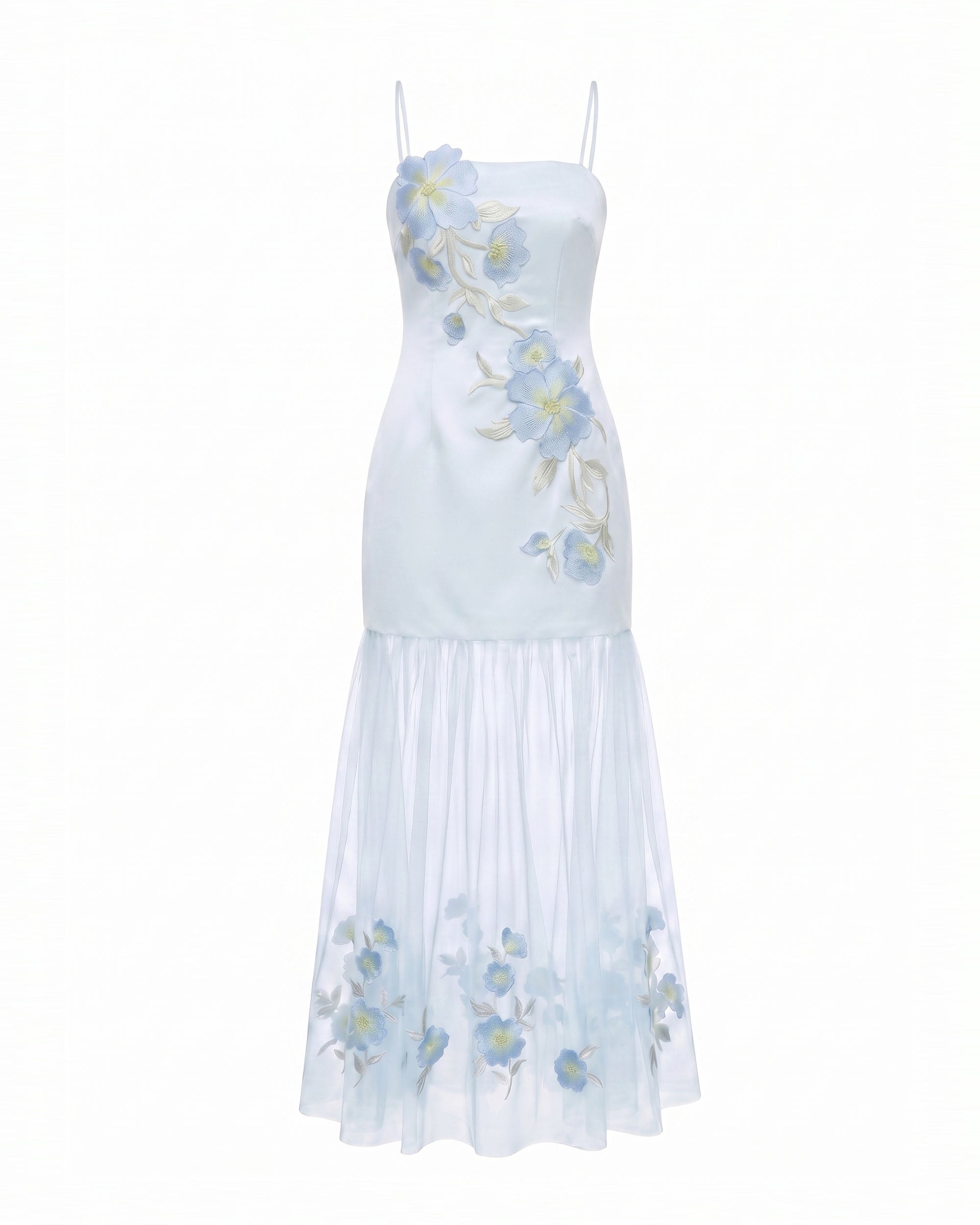 Floral Embroidered Sheer Overlay Maxi Dress - Light Blue
