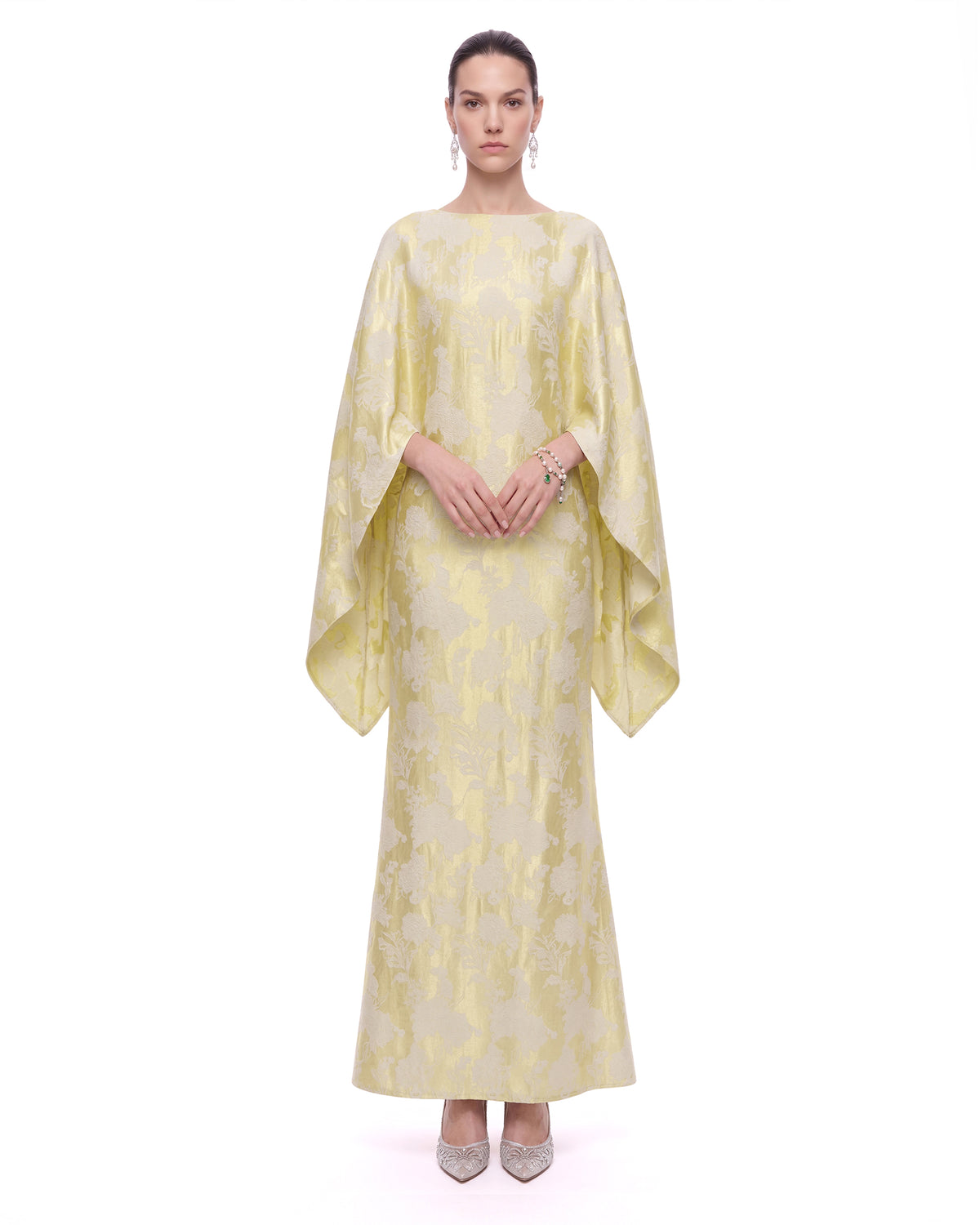 Floral Jacquard Cape Maxi Dress - Gold & Green