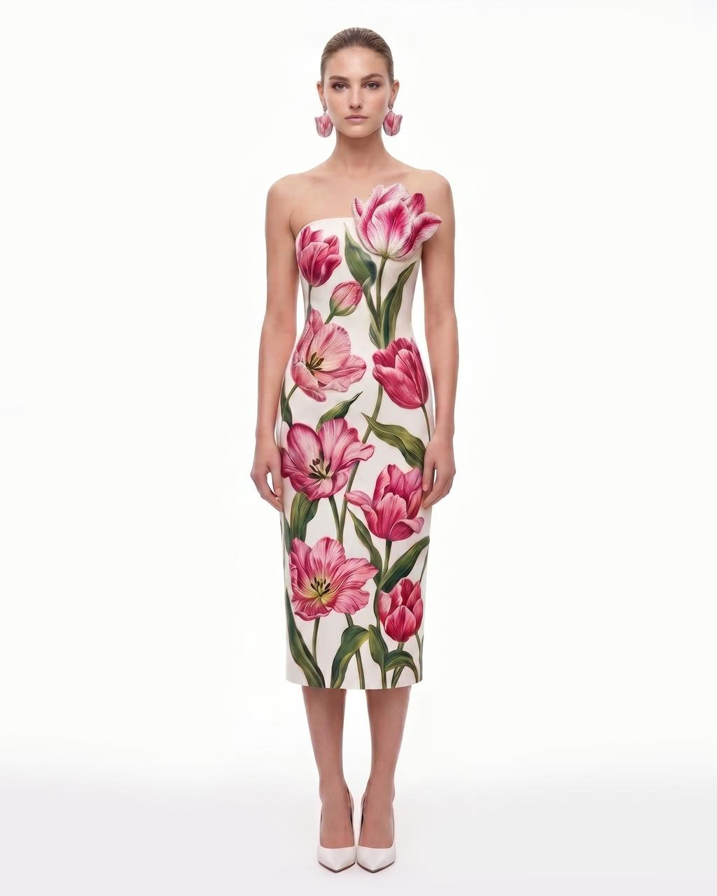 Tulip Floral Strapless Column Midi Dress - Ivory