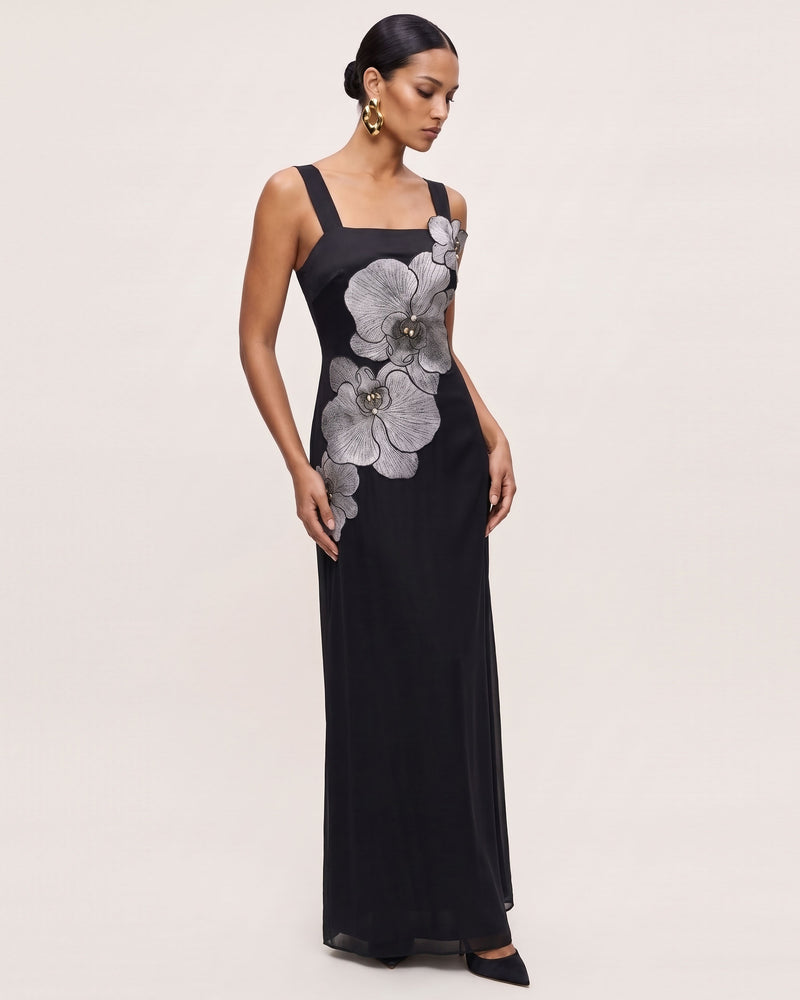 Orchid Embroidered Square Neck Column Maxi Dress - Black