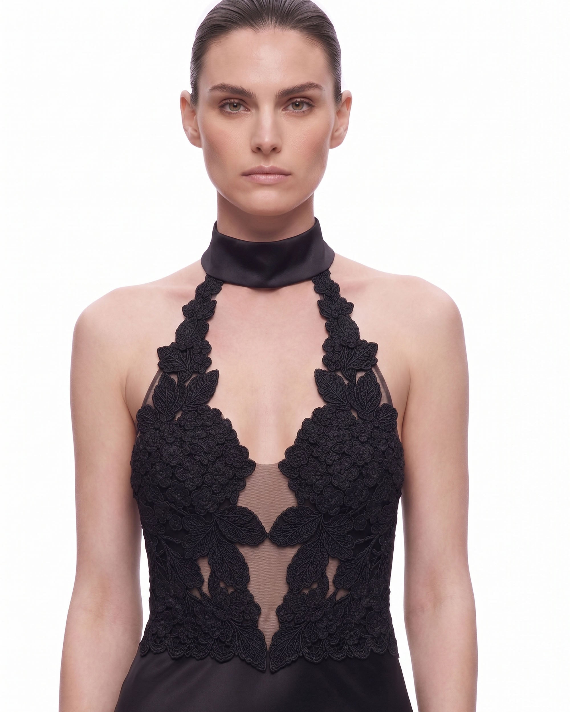 Floral Lace Halter Plunge-Neck Satin Maxi Dress - Black