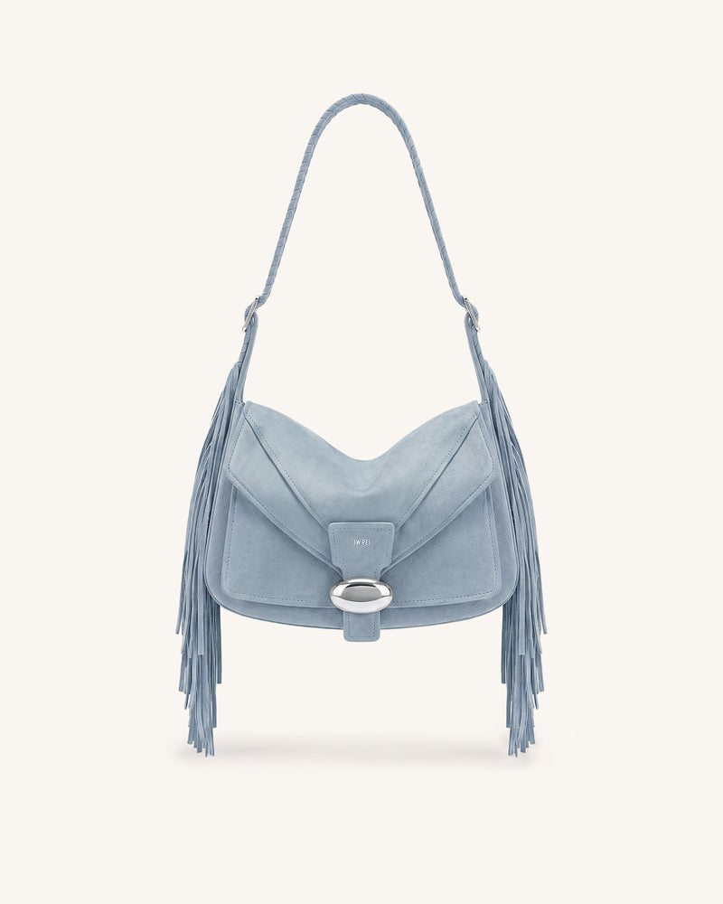 Avery Fringe Faux Suede Shoulder Bag - Light Blue