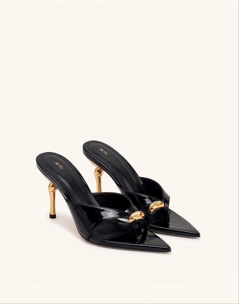 Noemi Square-Toe Metal Accent Patent Sandals - Black