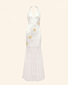 Orchid Embroidered Sheer Hem Halter Maxi Dress - White
