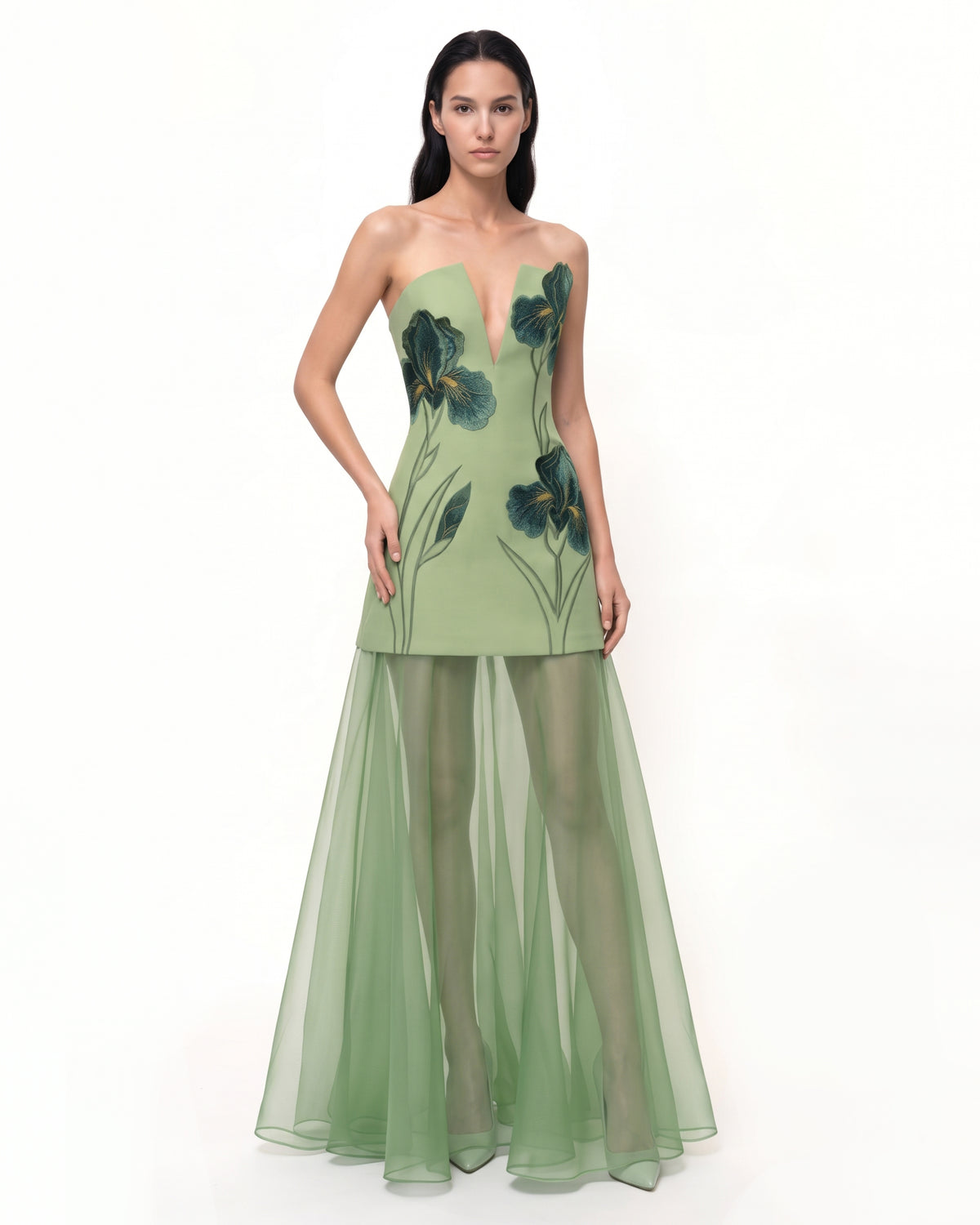 Iris Embroidered Plunge Sheer Overlay Maxi Dress - Sage Green