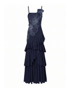 Orchid Embroidered Ruffled One-Shoulder Maxi Dress - Navy