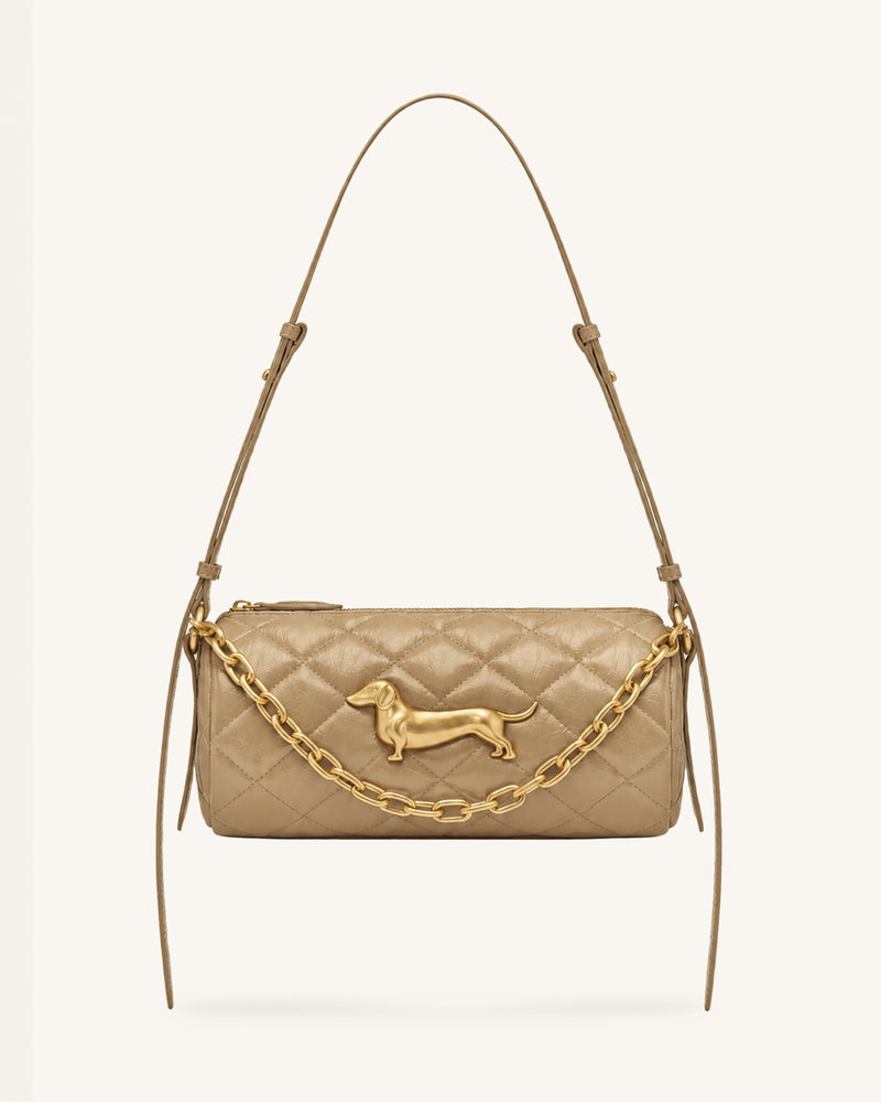 Lucienne Dachshund Quilted Chain Shoulder Bag - Light Khaki