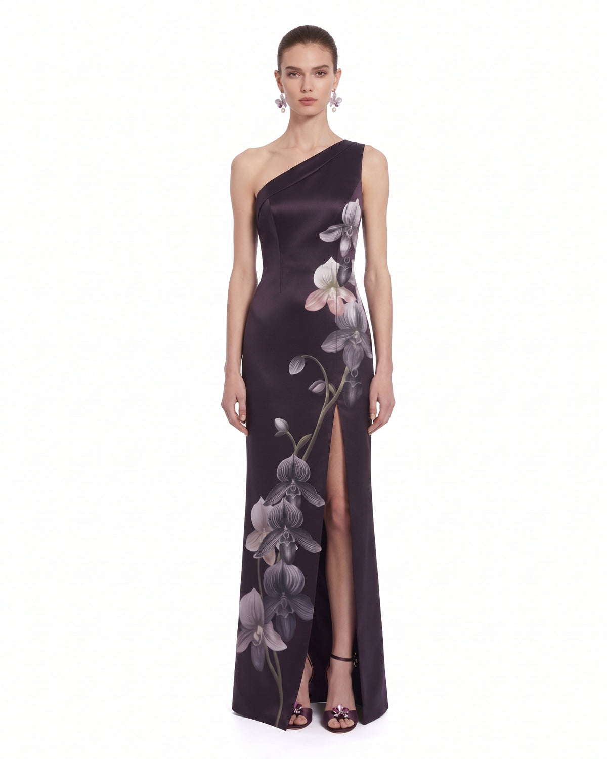 Floral One-Shoulder Slit Maxi Dress - Dark Purple
