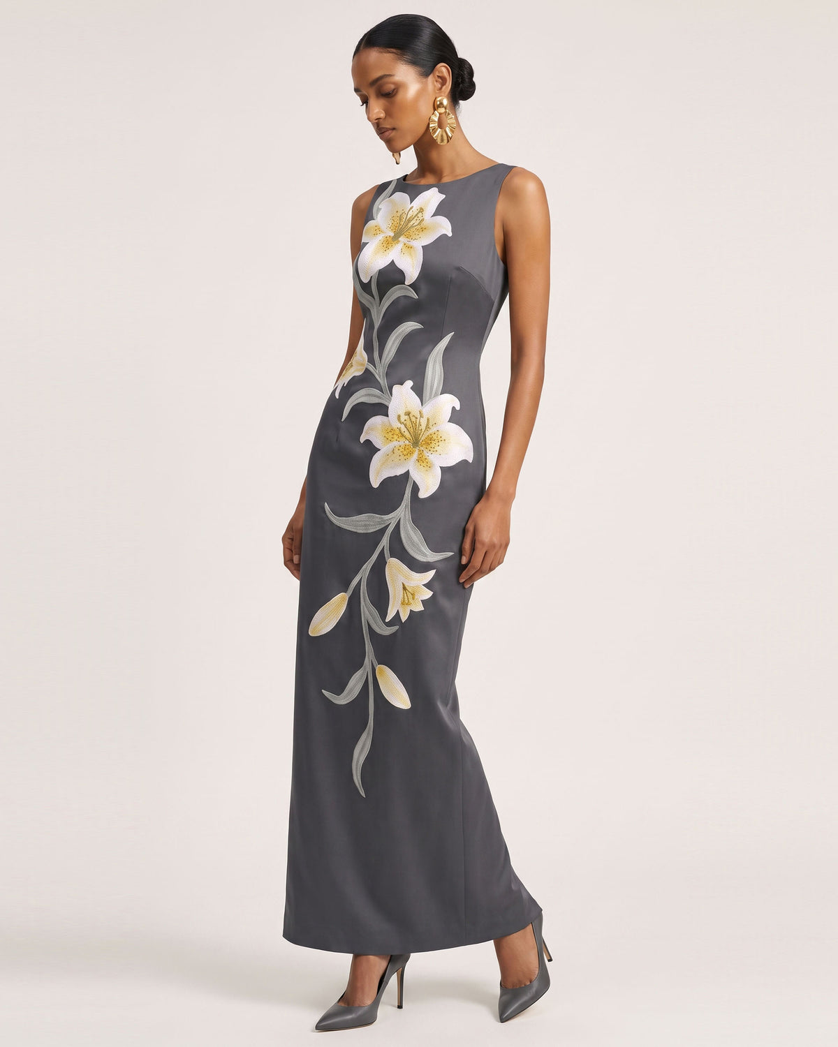 Lily Floral Print Sleeveless Column Maxi Dress - Grey