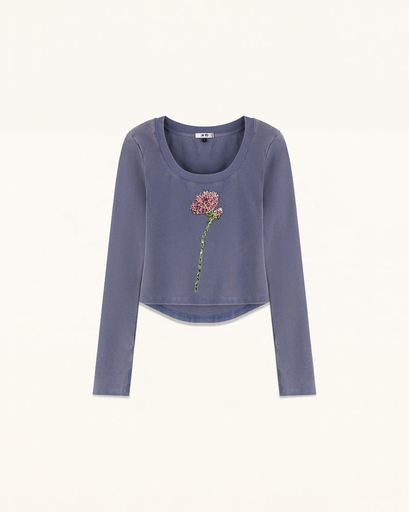 Rhinestone Rose Scoop Neck Curved Cropped Tee - Smokey Slate