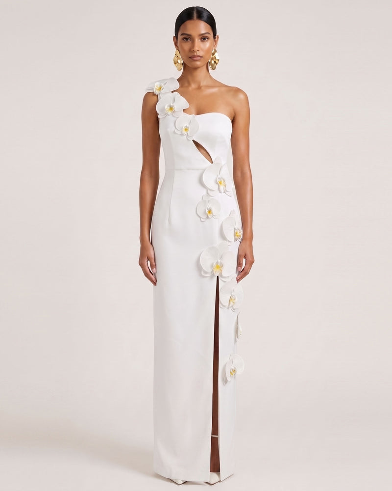 Orchid Embellished Cutout Slit Maxi Dress - White