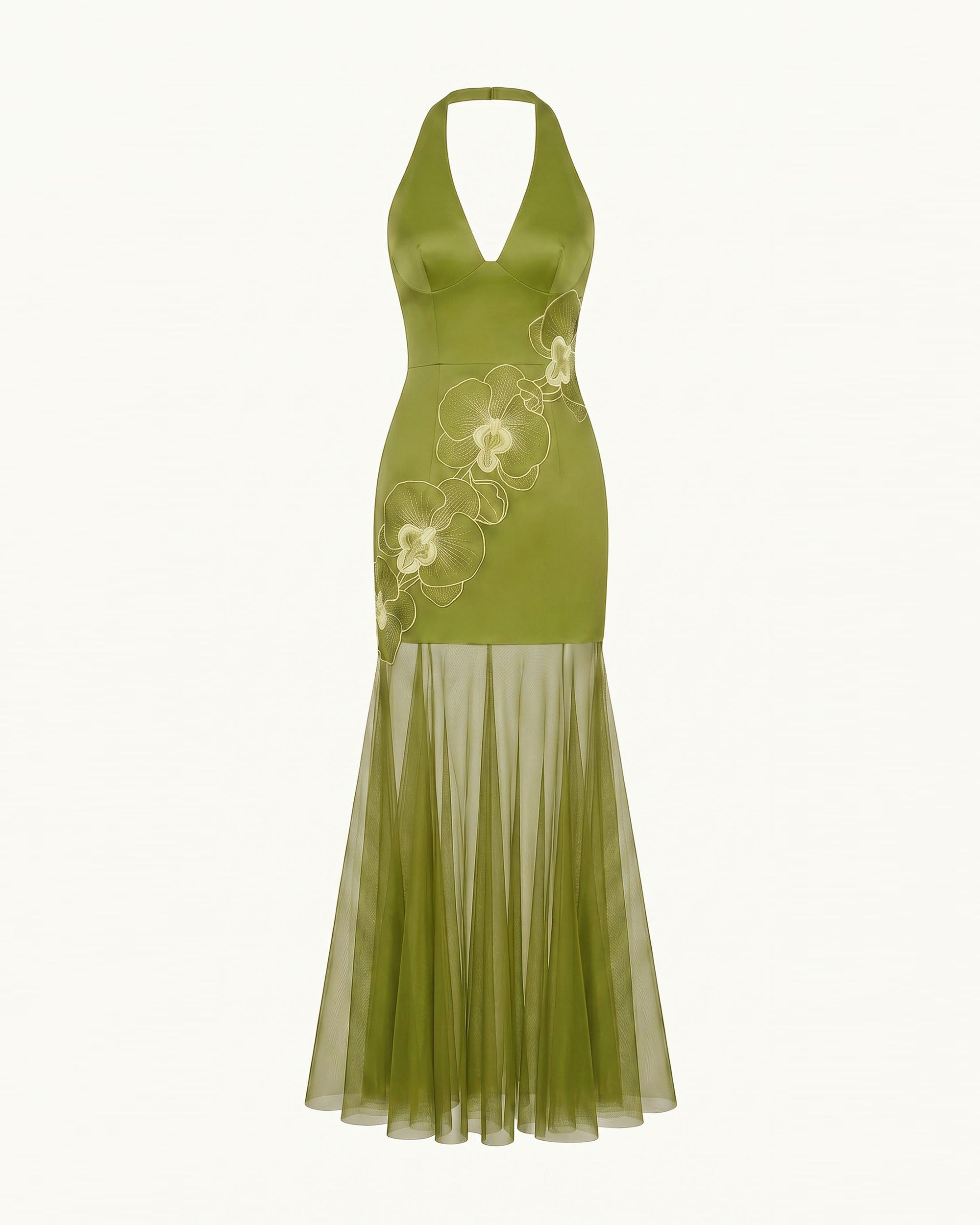 Orchid Embroidered Sheer Hem Halter Maxi Dress - Olive