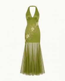 Orchid Embroidered Sheer Hem Halter Maxi Dress - Olive