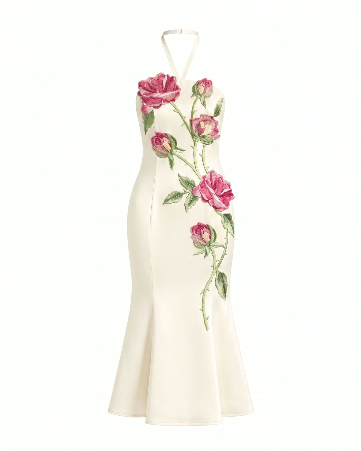 Rose Embroidered Halter-Neck Midi Dress - Off White