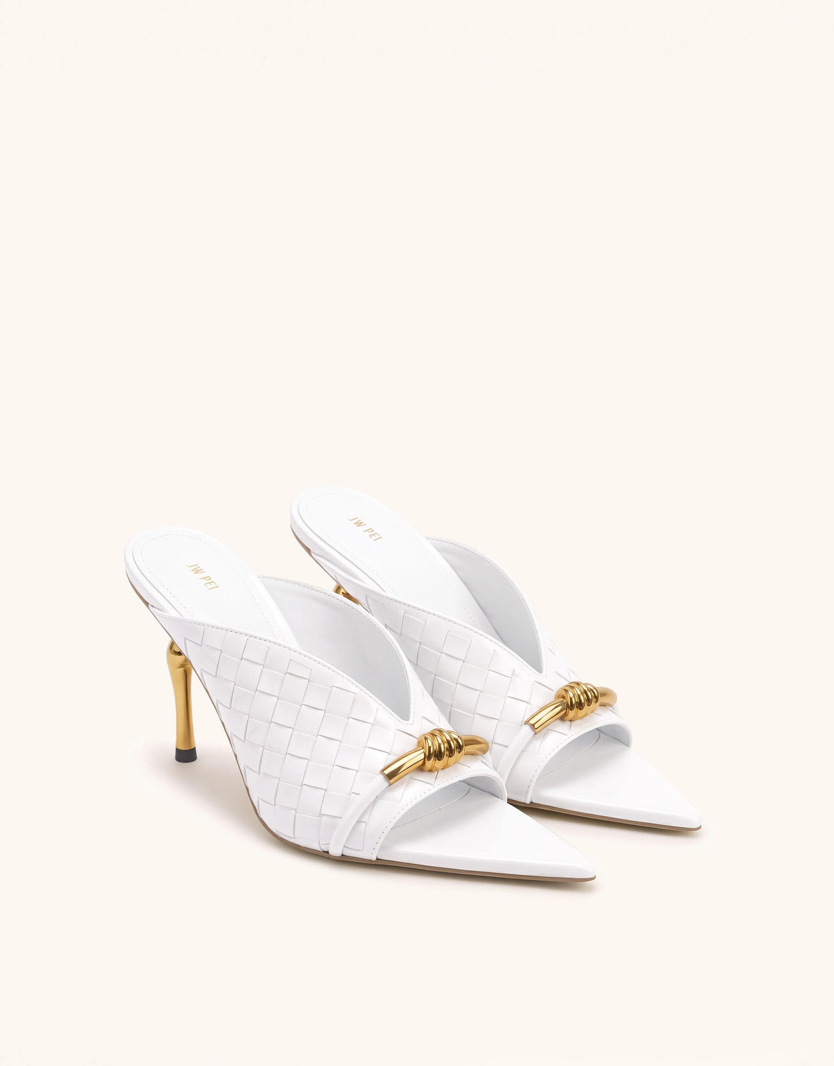 Lena Metal Rope Knot Woven Upper Mule Heels - White