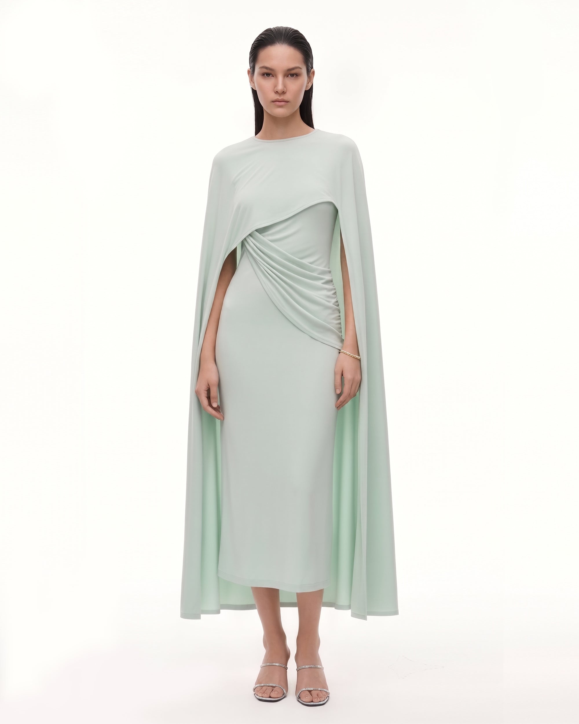 Draped Full Cape Midi Dress - Mint Green