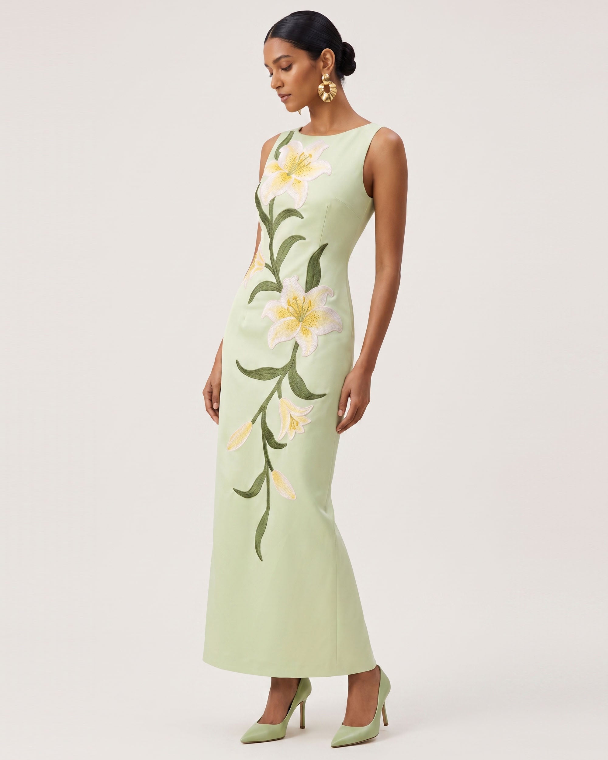 Lily Floral Print Sleeveless Column Maxi Dress - Pistachio Green