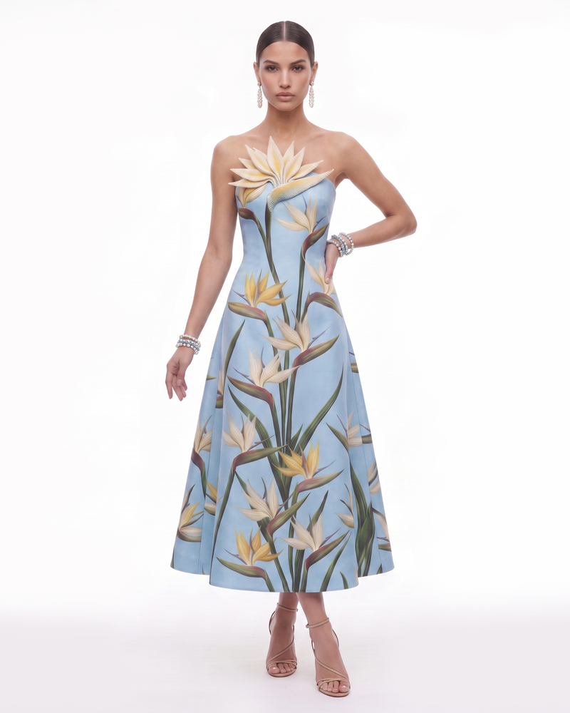 Bird of Paradise Appliqué Strapless A-Line Midi Dress - Light Blue