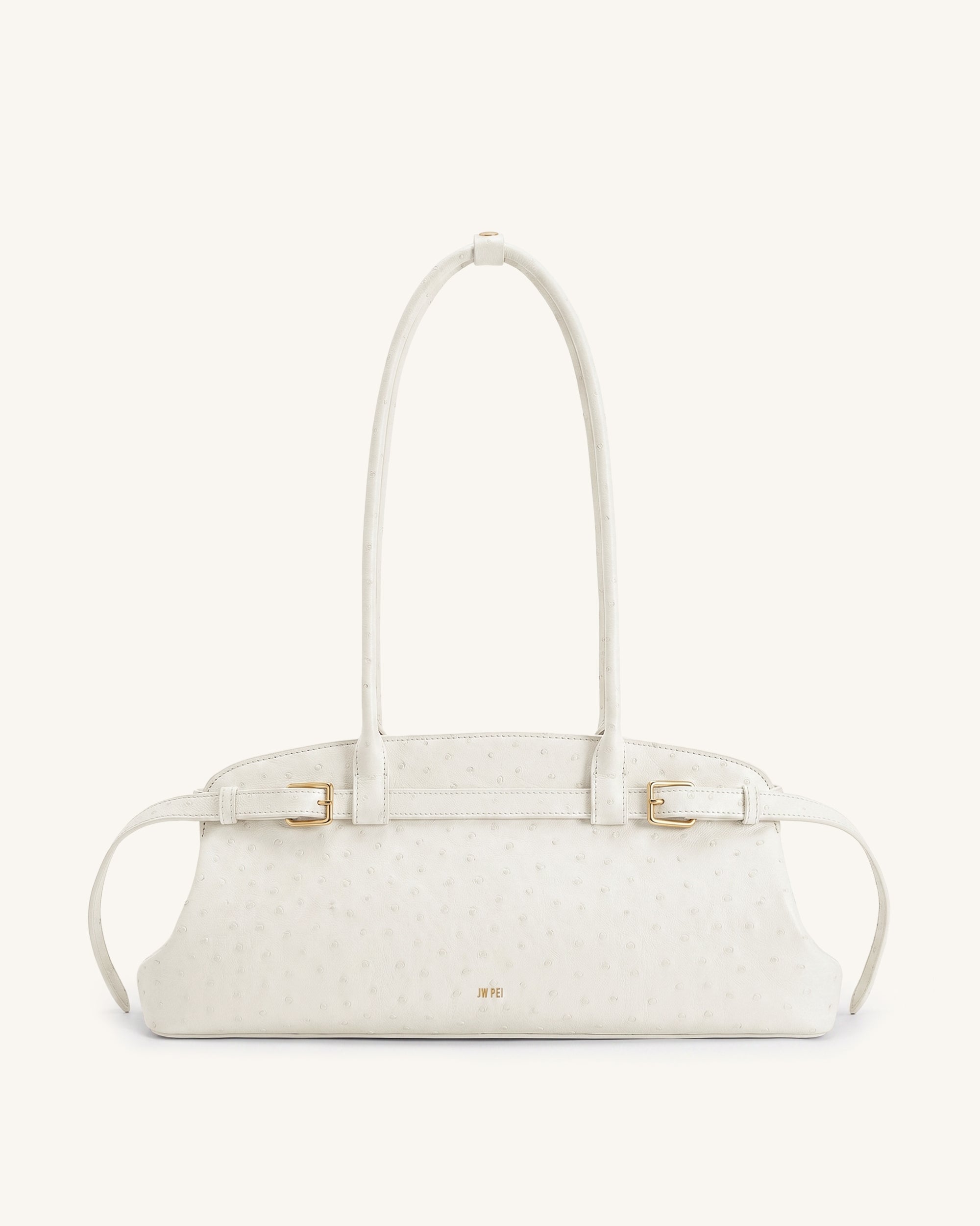 Arden Faux Ostrich Grain Belt Detail East-West Shoulder Bag - White