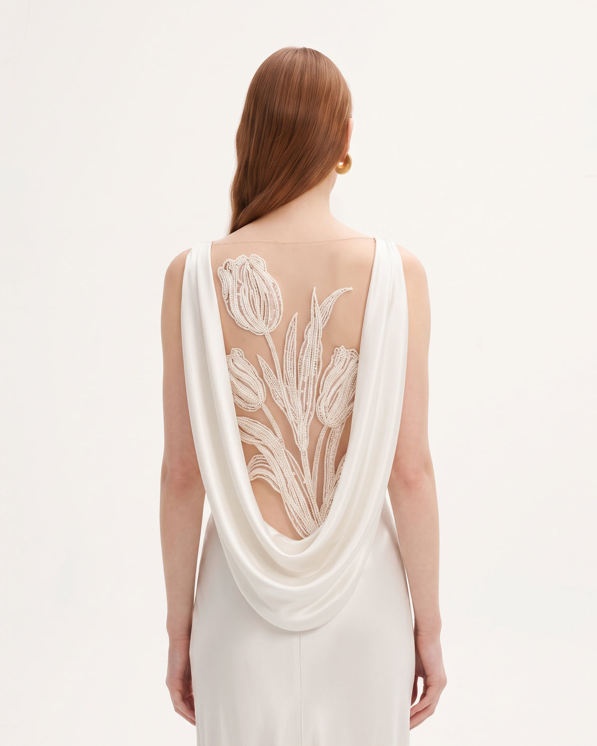Tulip Appliqué Cowl-Back Satin Column Maxi Dress - Off-White