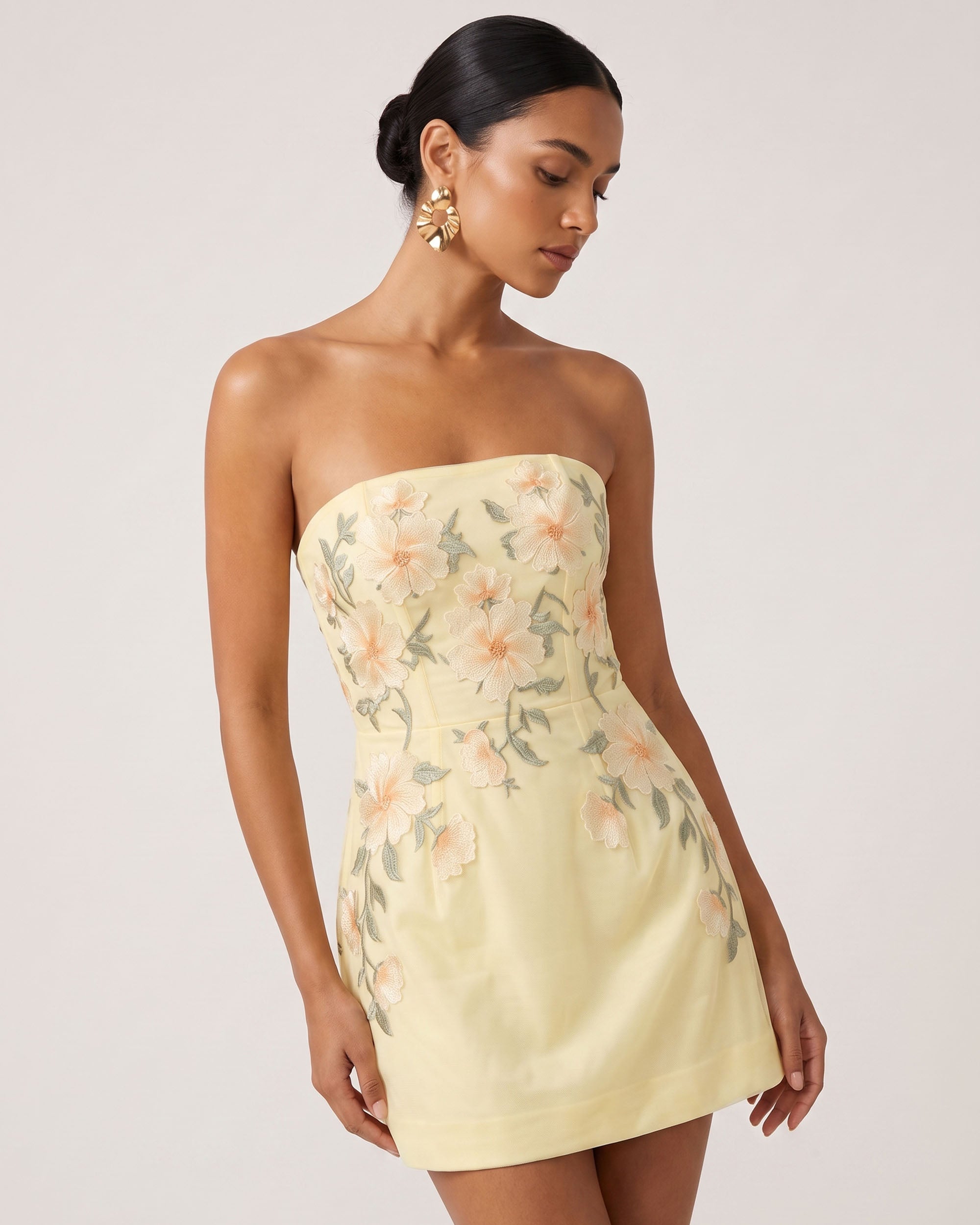 Floral Embroidered Strapless Corset Mini Dress - Light Yellow