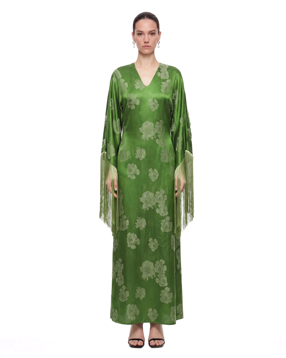 Floral Fringe-Sleeve V-Neck Maxi Dress - Green