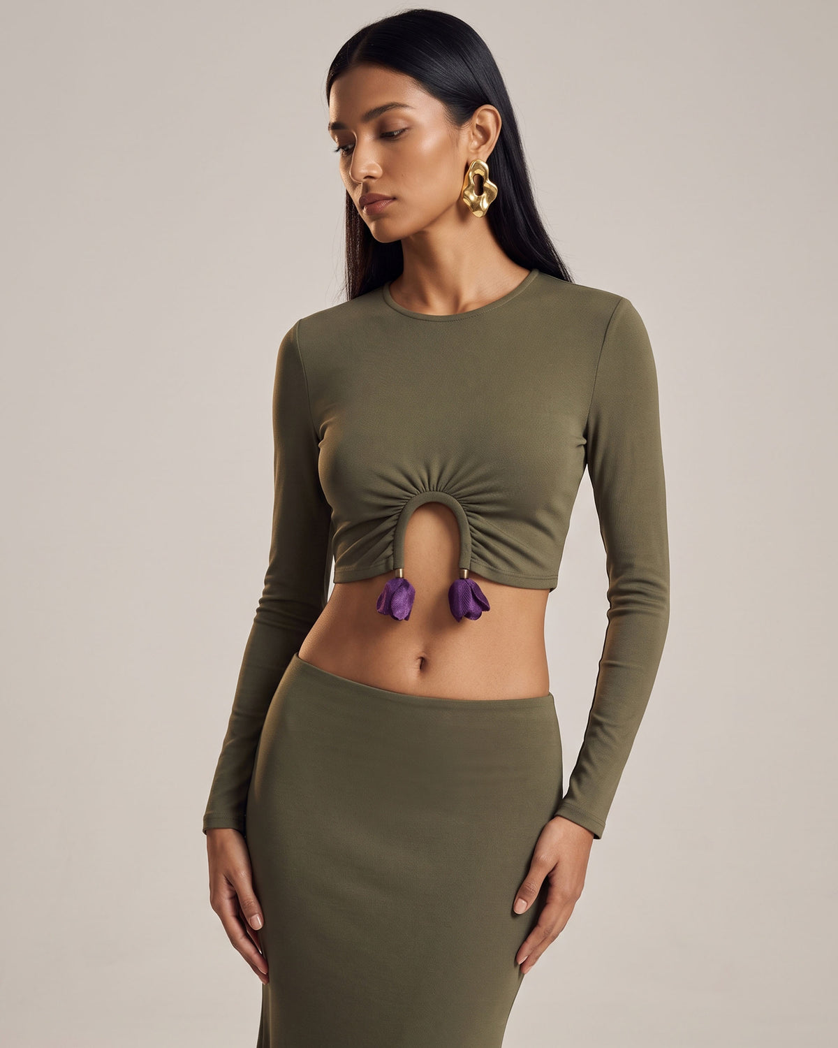 3D Embroidered Tulip Cutout Cropped Top - Olive Green