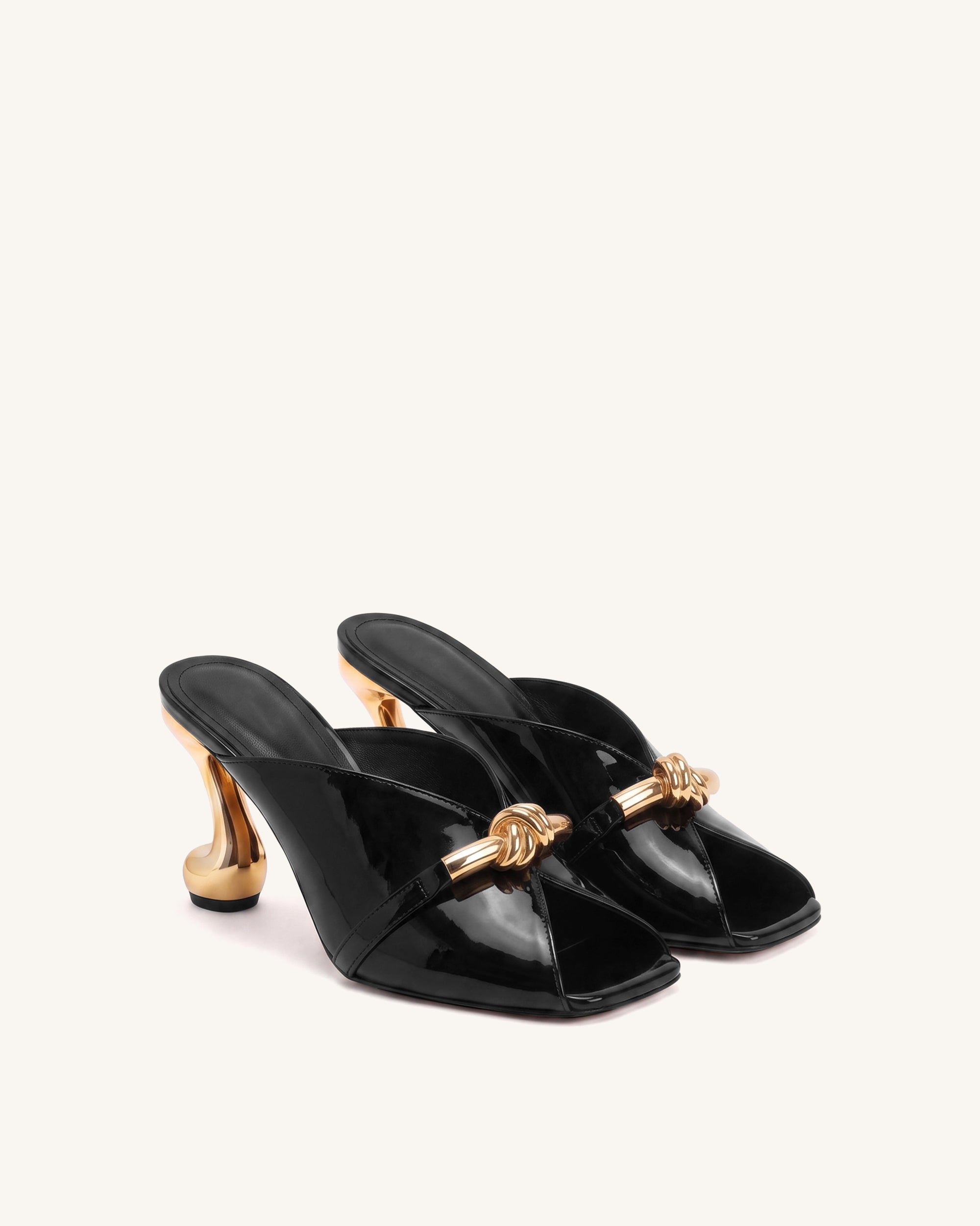 Lena Metal Rope Knot Patent Heel Mules - Black