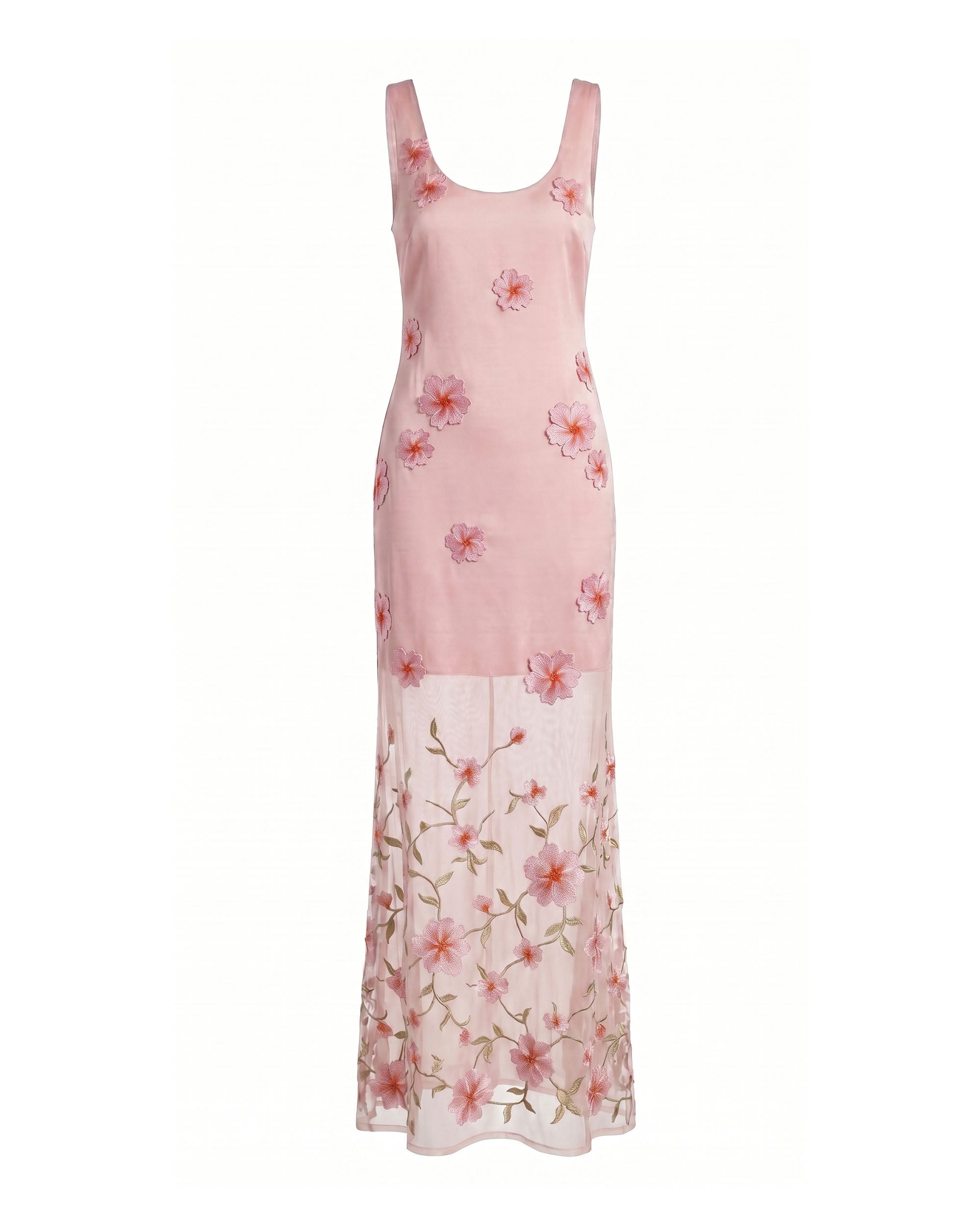 Floral Embroidered Sheer Overlay Maxi Dress - Blush Pink