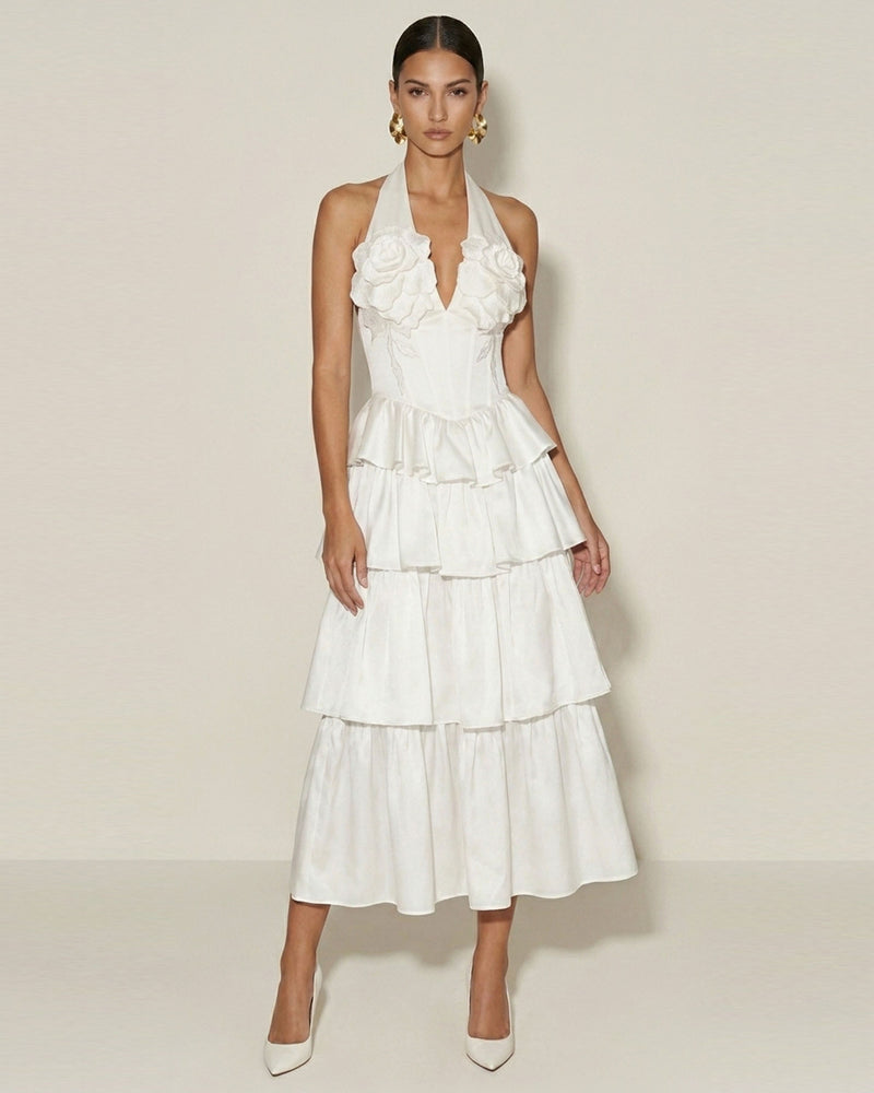Flower Embroidered Tiered Halter Midi Dress - White