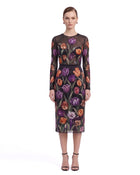 Tulip Print High-Waisted Midi Skirt - Black